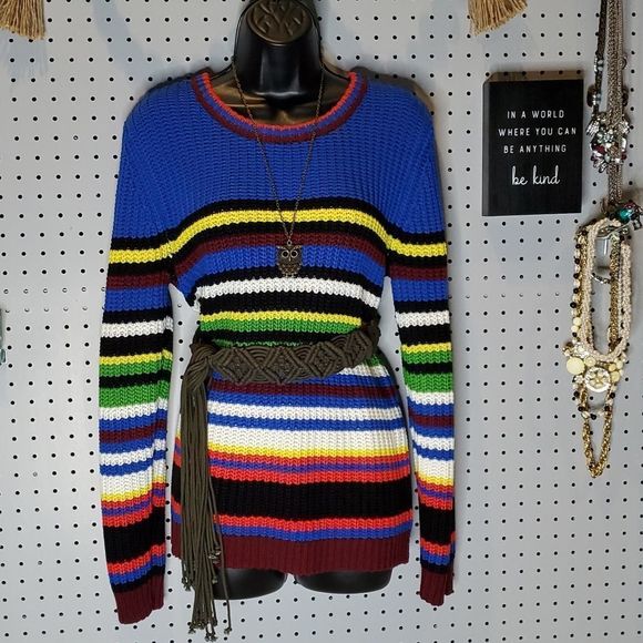 Pink Rose Sweaters - Retro Bright Stripes Scoopneck Woven Sweater, Pink Rose Sz XL